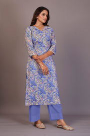 Pure Linen Cotton Digital Ptd Kurti Blue Cream Flower